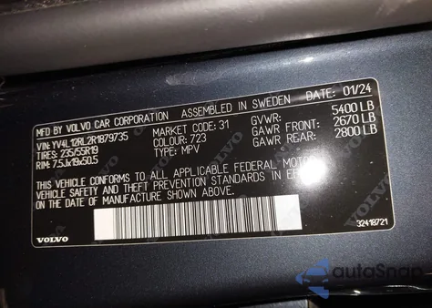 2024 Volvo Xc60 B5 Plus Dark Theme из США, поврежденный, VIN YV4L12RL2R1879735